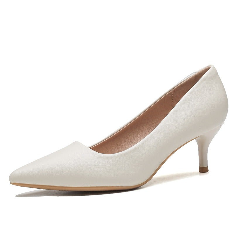 555-8 Nude High Heels for Women, French Style Soft Leather Pointed Toe Office Shoes