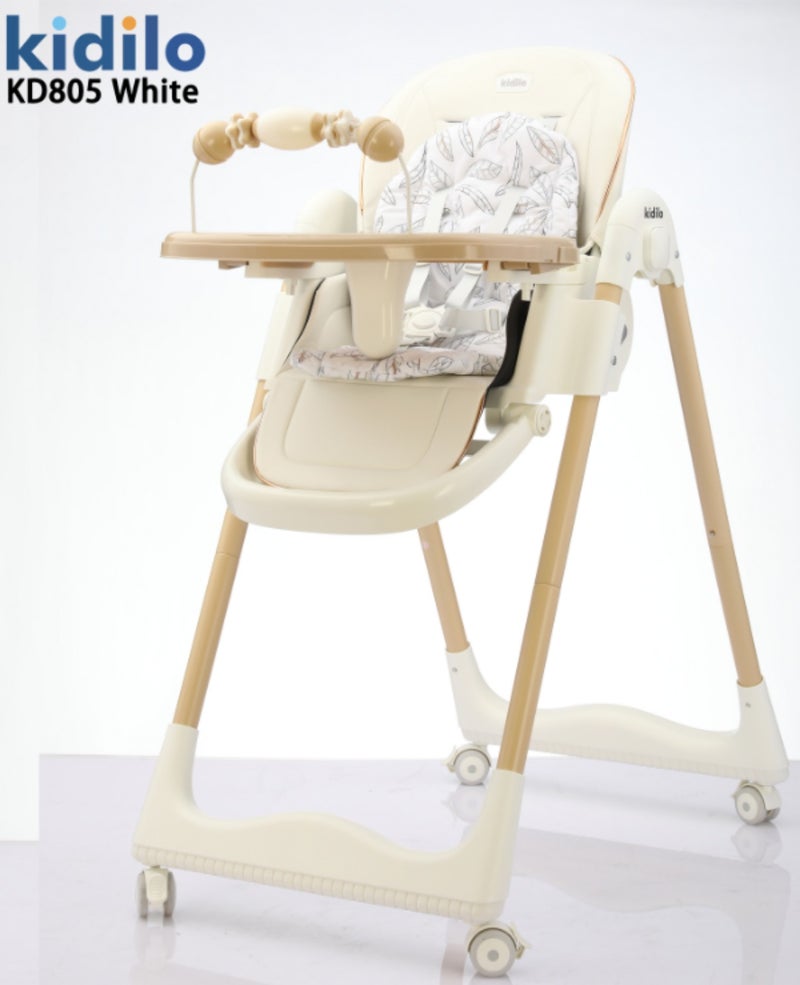 Kidilo KD805 Baby High Chair | Reclining Seat with Padded Insert | Detachable Double Feeding Tray & Toy Bar | 5-Point Safety Harness | Lockable Rolling Wheels | Easy-Clean Design | Wide Stable Base