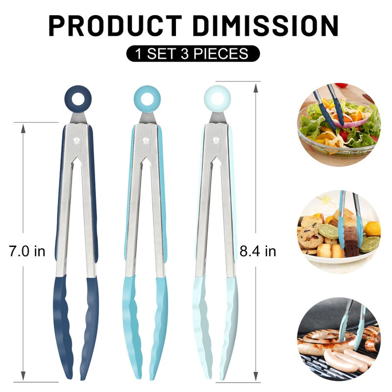 Hotec Mini Silicone Kitchen Tongs for Cooking - 7-Inch Small Serving Tongs with Silicone Tips, Set of 3 (Blue) - Image 2
