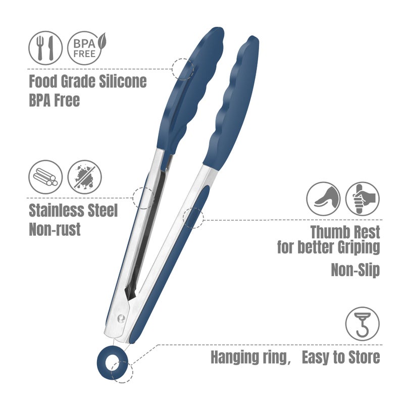 Hotec Mini Silicone Kitchen Tongs for Cooking - 7-Inch Small Serving Tongs with Silicone Tips, Set of 3 (Blue) - Image 4