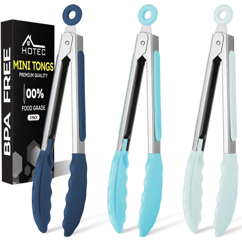 Hotec Mini Silicone Kitchen Tongs for Cooking - 7-Inch Small Serving Tongs with Silicone Tips, Set of 3 (Blue) - Image 1