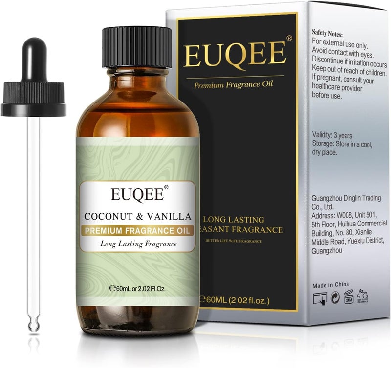 EUQEE Coconut & Vanilla Fragrance Oils, Premium Essential Oils with Glass Dropper for Diffusers, Candle & Soap Making, Bath Bombs (2.02 Fl oz/60 ml)