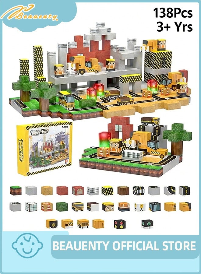 Beauenty Magnetic Blocks-Build Mine Magnet World Edition,Build a Urban Road Life，STEM Montessori Sensory Toys for Toddlers Gifts for 3 4 5 6 7 8 9 10 Years Old，138PCS Fidget 0.8" Cubes Construction Toys Boys Girls Birthday Gift - Image 1