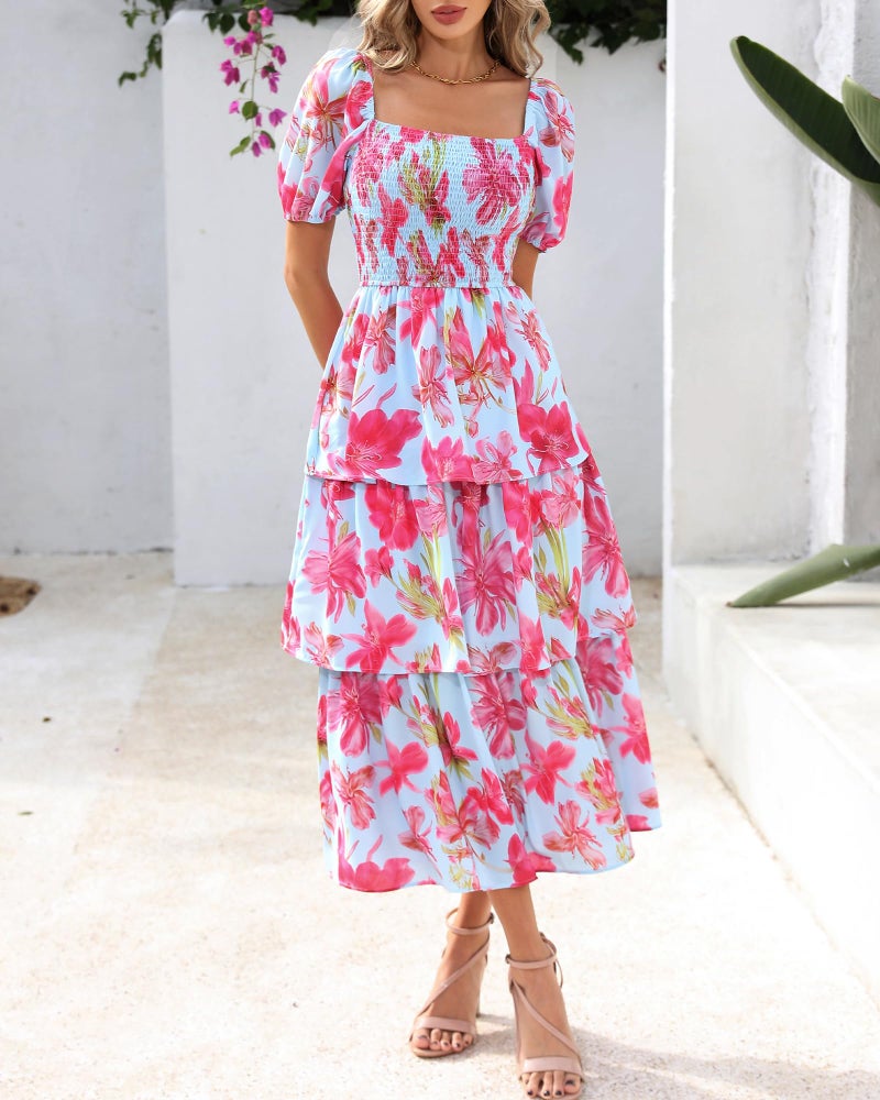 BTFBM Womens Square Neck Smocked Dress Summer Puff Short Sleeve Floral Casual Ruffle Tiered Maxi Wedding Guest Dresses(Floral Light Blue Pink, X-Large) - Image 4