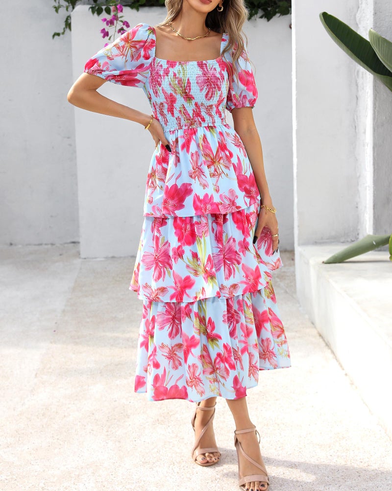 BTFBM Womens Square Neck Smocked Dress Summer Puff Short Sleeve Floral Casual Ruffle Tiered Maxi Wedding Guest Dresses(Floral Light Blue Pink, X-Large) - Image 2