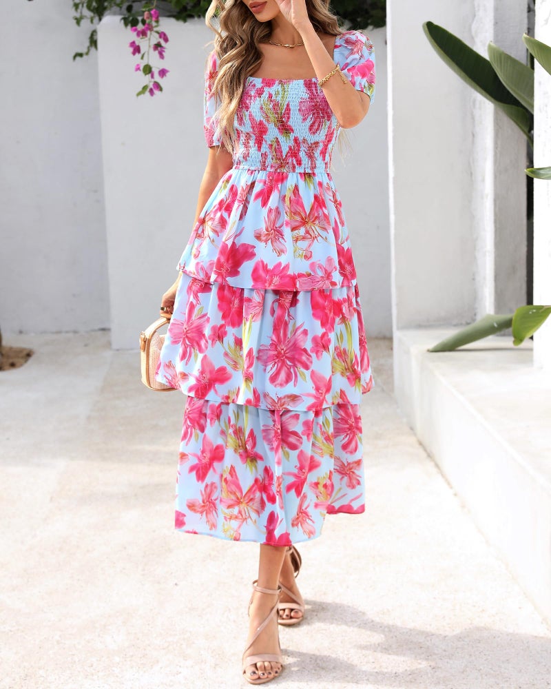 BTFBM Womens Square Neck Smocked Dress Summer Puff Short Sleeve Floral Casual Ruffle Tiered Maxi Wedding Guest Dresses(Floral Light Blue Pink, X-Large) - Image 5