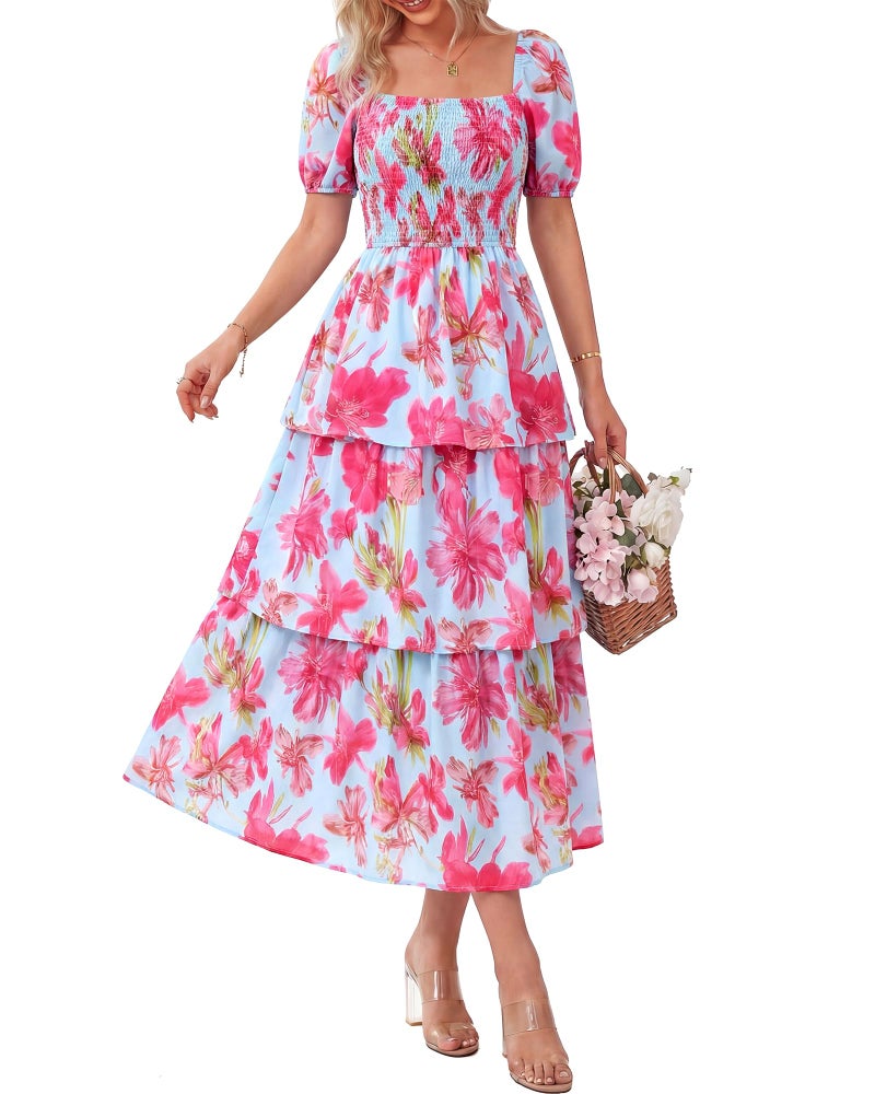 BTFBM Womens Square Neck Smocked Dress Summer Puff Short Sleeve Floral Casual Ruffle Tiered Maxi Wedding Guest Dresses(Floral Light Blue Pink, X-Large) - Image 1