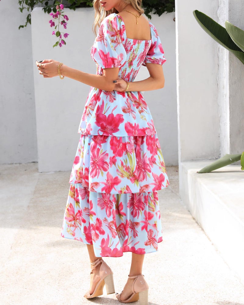 BTFBM Womens Square Neck Smocked Dress Summer Puff Short Sleeve Floral Casual Ruffle Tiered Maxi Wedding Guest Dresses(Floral Light Blue Pink, X-Large) - Image 3