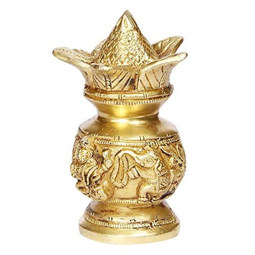 ARTVARKO Brass Laxmi Ganesh Kalash with Coconut Lakshmi Ganesha Kalash Manglam Nariyal Leaf Puja Temple Home Decorative Items 6 Inches - Image 4