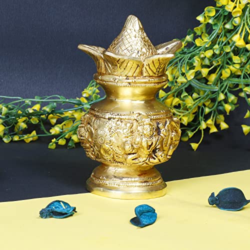 ARTVARKO Brass Laxmi Ganesh Kalash with Coconut Lakshmi Ganesha Kalash Manglam Nariyal Leaf Puja Temple Home Decorative Items 6 Inches - Image 2