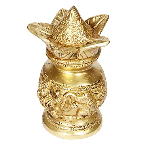 ARTVARKO Brass Laxmi Ganesh Kalash with Coconut Lakshmi Ganesha Kalash Manglam Nariyal Leaf Puja Temple Home Decorative Items 6 Inches - Image 5