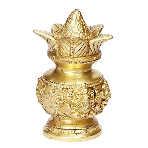 ARTVARKO Brass Laxmi Ganesh Kalash with Coconut Lakshmi Ganesha Kalash Manglam Nariyal Leaf Puja Temple Home Decorative Items 6 Inches - Image 3