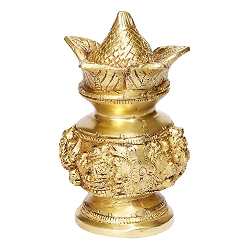 ARTVARKO Brass Laxmi Ganesh Kalash with Coconut Lakshmi Ganesha Kalash Manglam Nariyal Leaf Puja Temple Home Decorative Items 6 Inches - Image 1