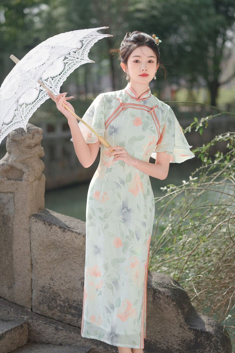 2024 Daily National Style Elegant Elegant Temperament Goddess Young Double Flying Sleeve Improved Long Cheongsam - Image 1