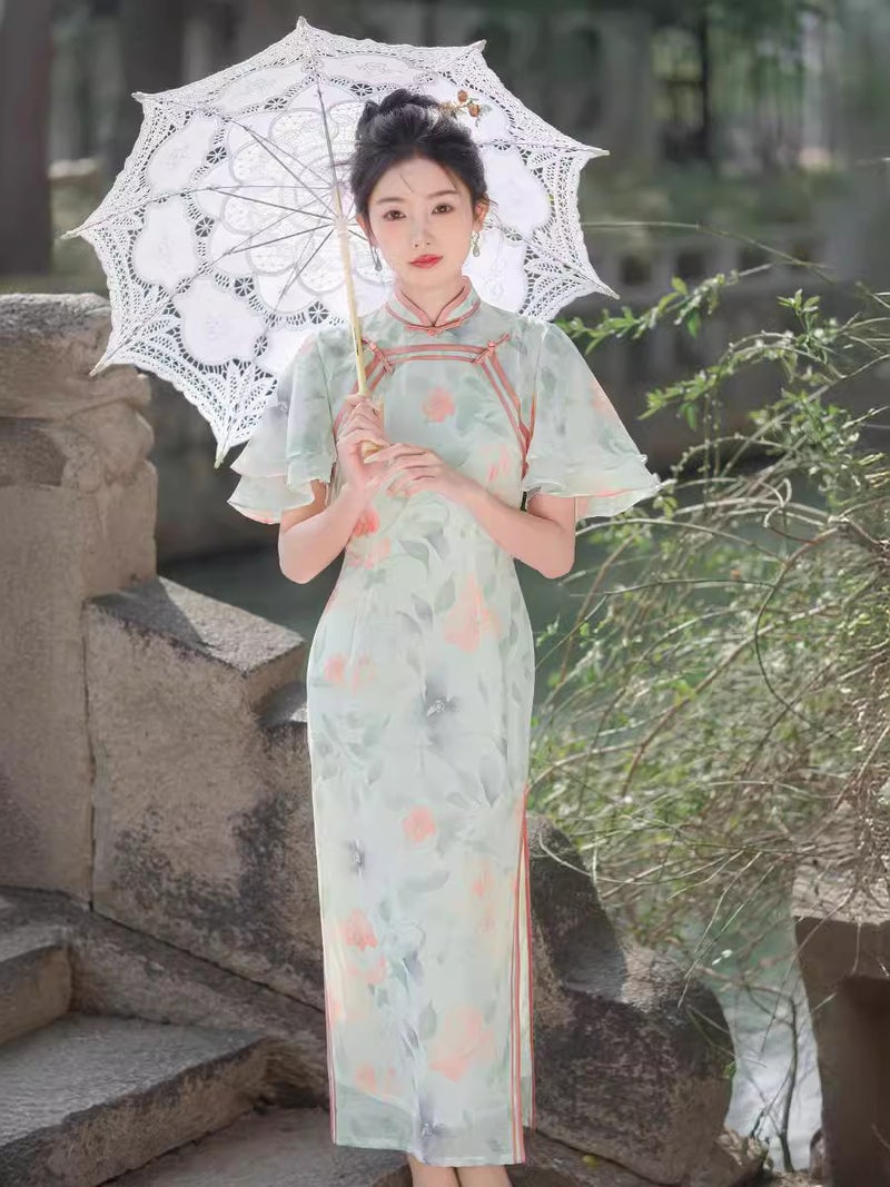2024 Daily National Style Elegant Elegant Temperament Goddess Young Double Flying Sleeve Improved Long Cheongsam - Image 2