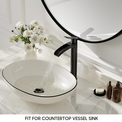 Phiestina Matte Black Tall Bathroom Vessel Sink Faucet, Waterfall Single Hole Single Handle Above Countertop Sink Bathroom Faucet, with Metal Pop Up Drain and Water Supply Lines, NS-SF01-MB-V - Image 2