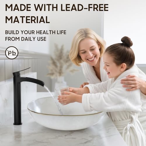 Phiestina Matte Black Tall Bathroom Vessel Sink Faucet, Waterfall Single Hole Single Handle Above Countertop Sink Bathroom Faucet, with Metal Pop Up Drain and Water Supply Lines, NS-SF01-MB-V - Image 3