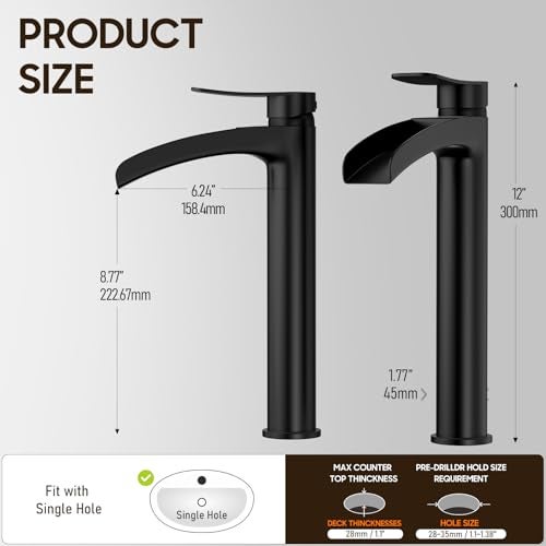 Phiestina Matte Black Tall Bathroom Vessel Sink Faucet, Waterfall Single Hole Single Handle Above Countertop Sink Bathroom Faucet, with Metal Pop Up Drain and Water Supply Lines, NS-SF01-MB-V - Image 4