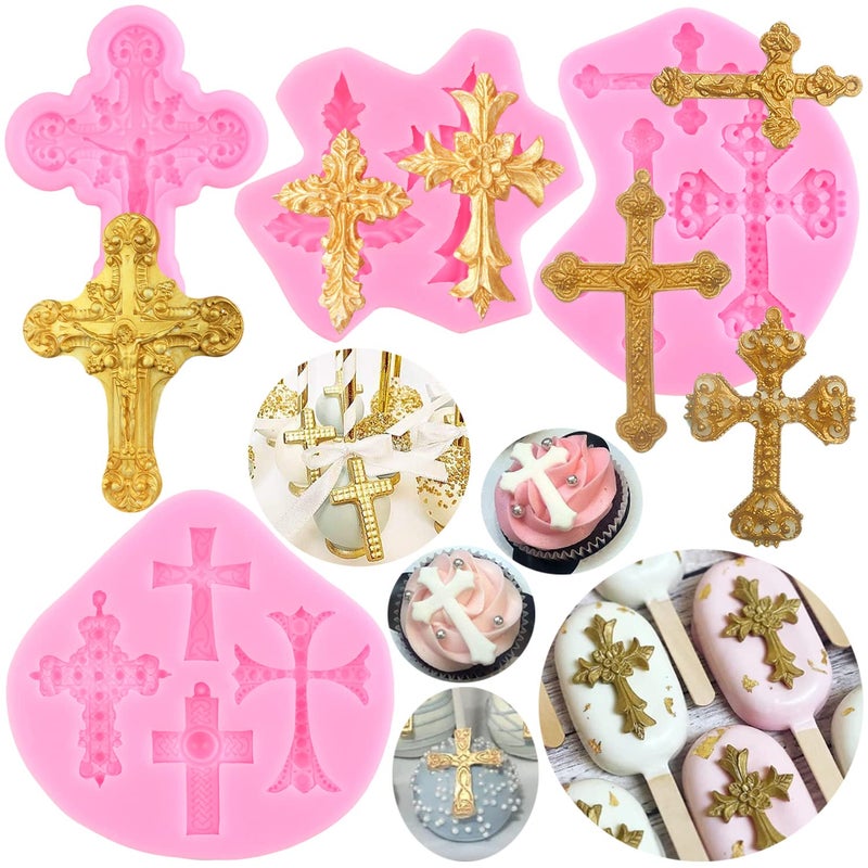 ZiXiang Baptism Cake Decorations Cross Cake Mold Cross Mold Baptism Cake Topper Silicone Fondant Molds For Baptism Party Cake Decorating Cupcake Topper Candy Polymer Clay Chocolate Gum Paste Set Of 4