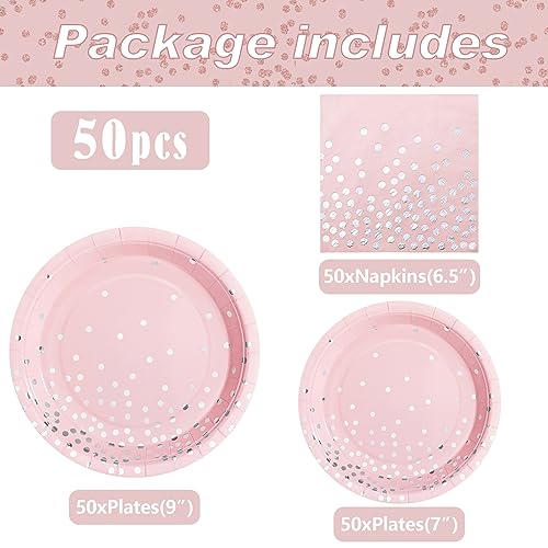 Boocikey 150PCS Pink Plates and Napkins Party Supplies, Pink Paper Plates Disposable Serve 50 Guests, for Party Birthday Wedding Baby Showers Valentines Day - Image 3