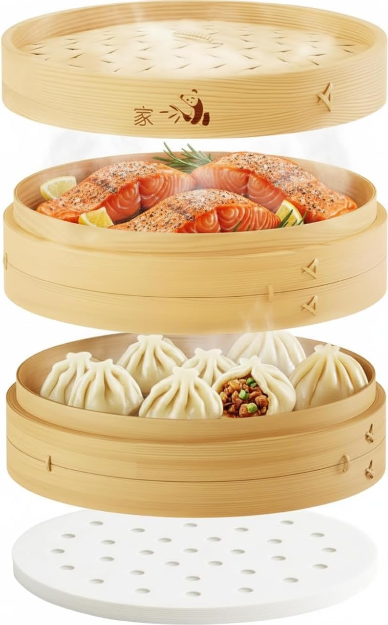 Prime Home Direct Bamboo Steamer Basket 8-Inch | 2-Tier Steamer for Cooking | 50 Liners | Small Instant Steaming Cookware Asian Food, Bao Buns, Chinese, Dim Sum, Dumpling, Rice, Vegetable Steam Pot - Image 1