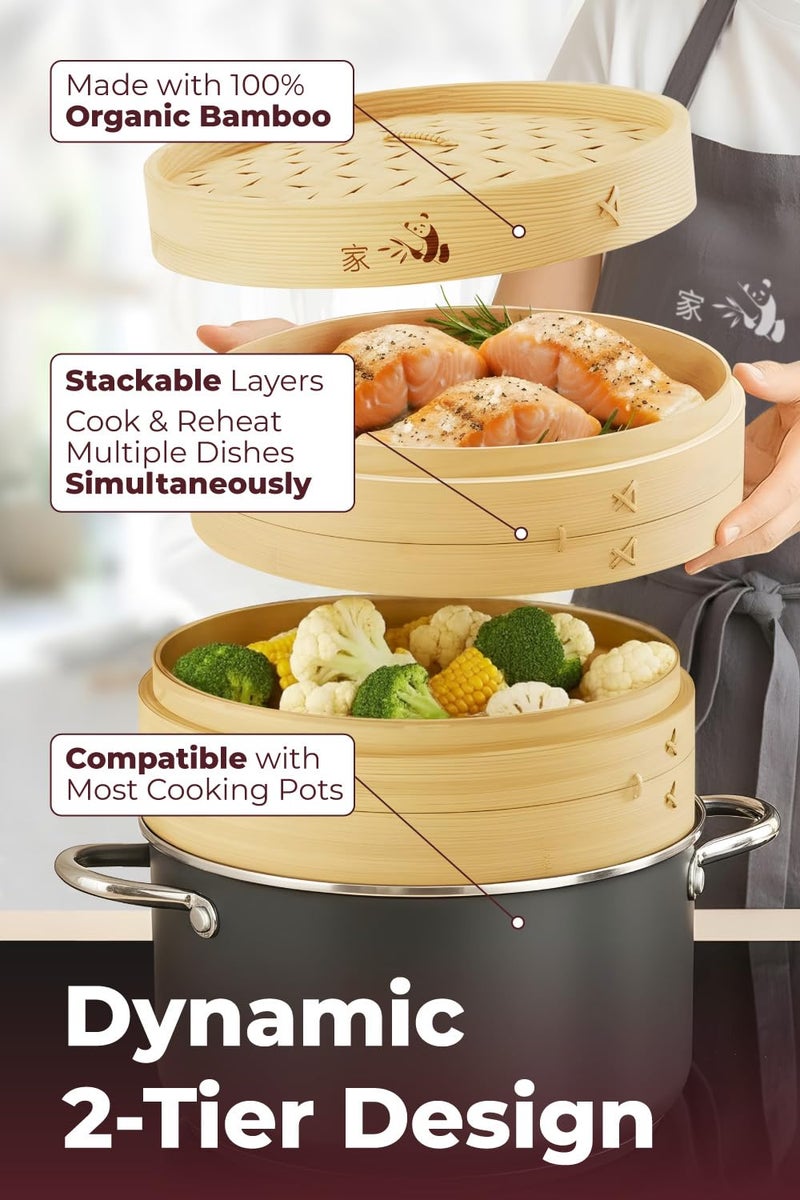 Prime Home Direct Bamboo Steamer Basket 8-Inch | 2-Tier Steamer for Cooking | 50 Liners | Small Instant Steaming Cookware Asian Food, Bao Buns, Chinese, Dim Sum, Dumpling, Rice, Vegetable Steam Pot - Image 4