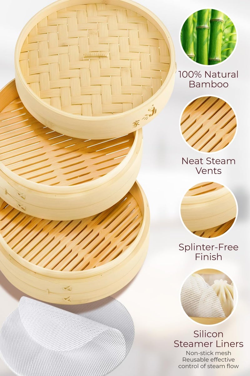 Prime Home Direct Bamboo Steamer Basket 8-Inch | 2-Tier Steamer for Cooking | 50 Liners | Small Instant Steaming Cookware Asian Food, Bao Buns, Chinese, Dim Sum, Dumpling, Rice, Vegetable Steam Pot - Image 5