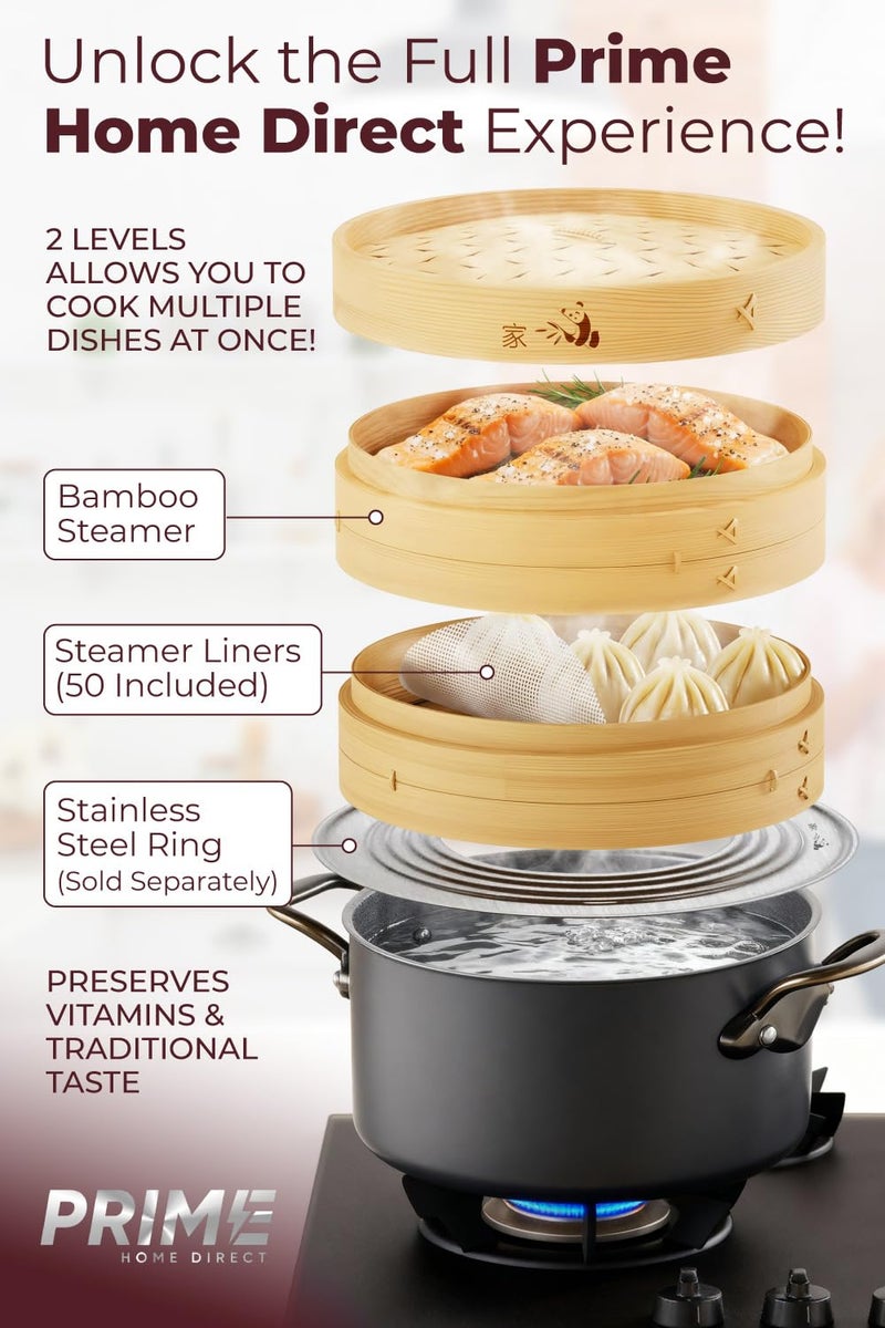 Prime Home Direct Bamboo Steamer Basket 8-Inch | 2-Tier Steamer for Cooking | 50 Liners | Small Instant Steaming Cookware Asian Food, Bao Buns, Chinese, Dim Sum, Dumpling, Rice, Vegetable Steam Pot - Image 2