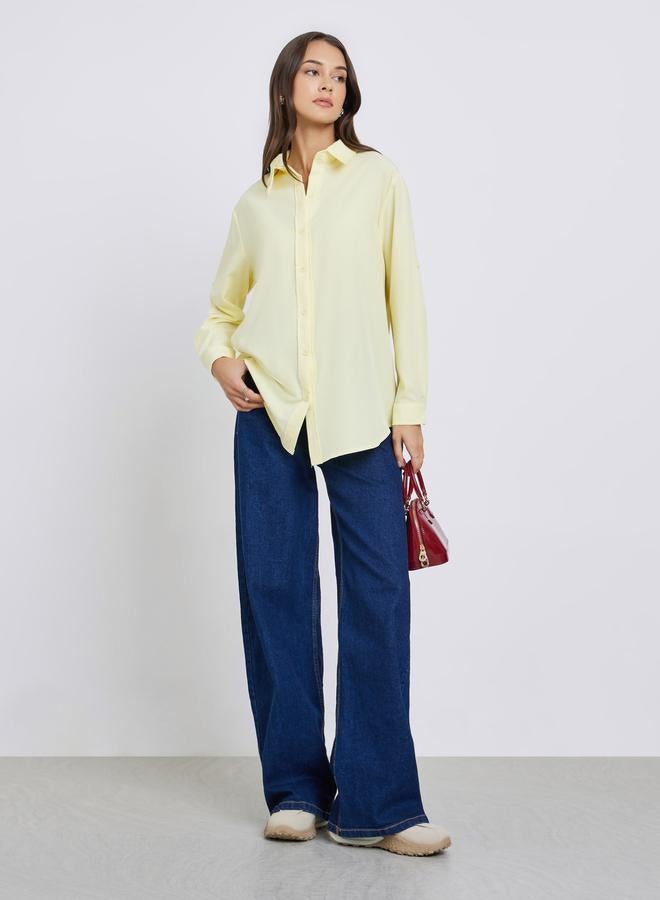 ستايلي قميص واسع أصفر بأزرار أمامية - Image 2