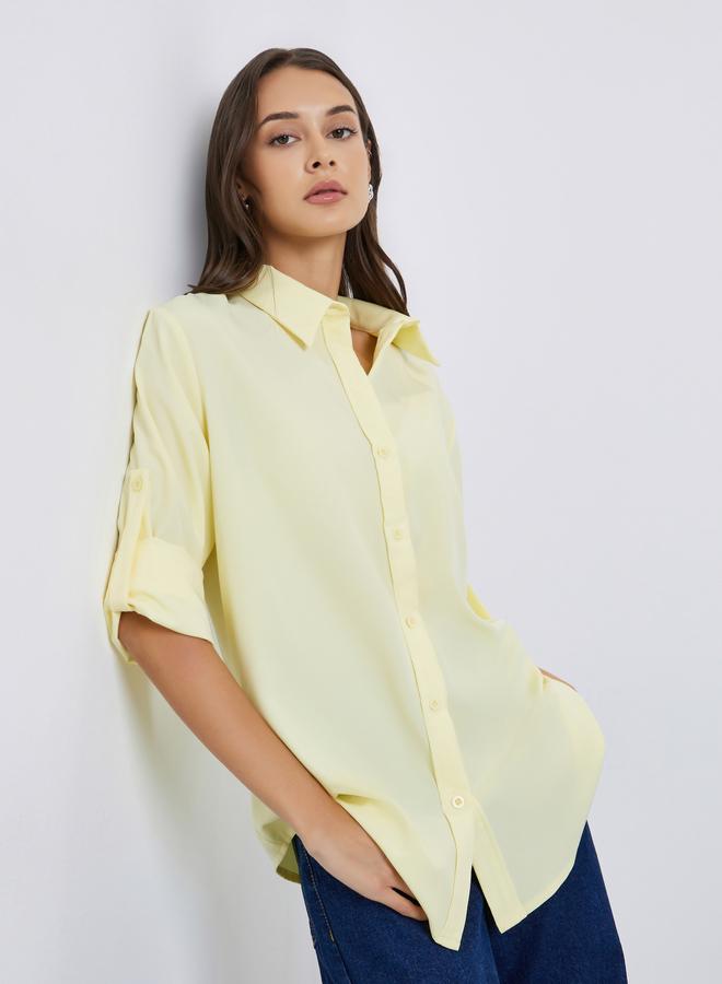 ستايلي قميص واسع أصفر بأزرار أمامية - Image 1