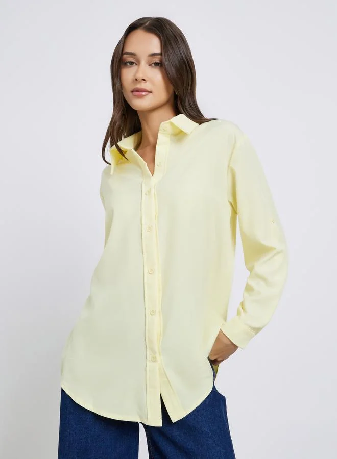 ستايلي قميص واسع أصفر بأزرار أمامية