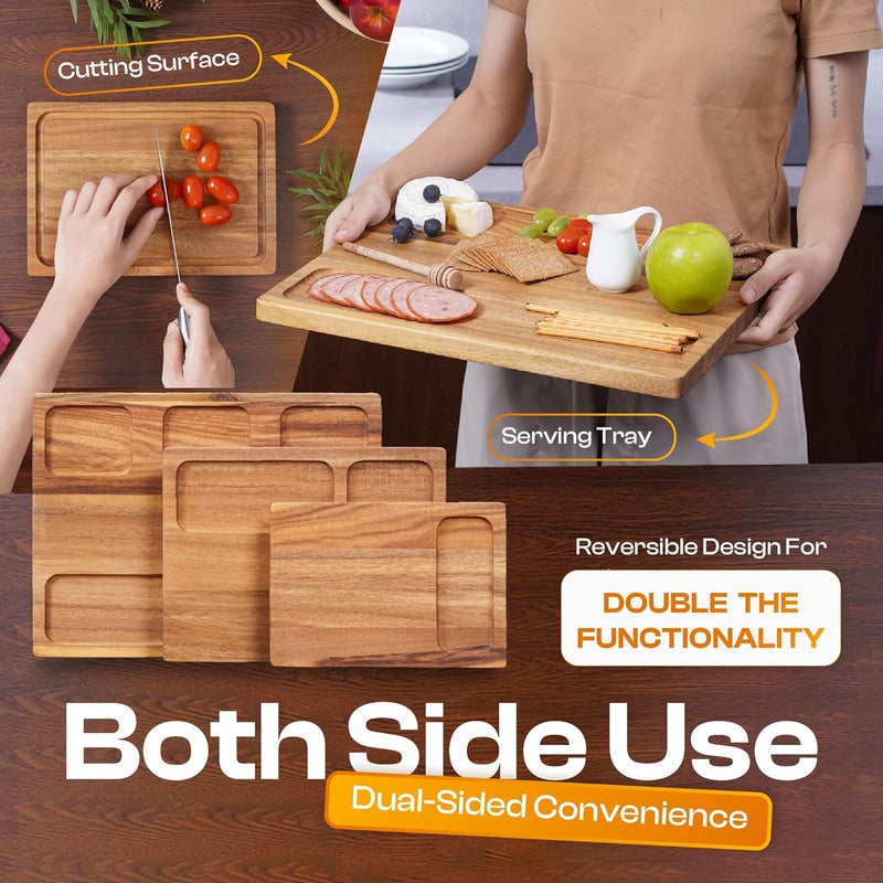AN68 Premium Acacia Wood Cutting Board Set of 3 – Reversible Dual-Sided Boards for Chopping & Serving, 100% Natural Hardwood Butcher Blocks with Juice Groove, Multi-Size - Image 4
