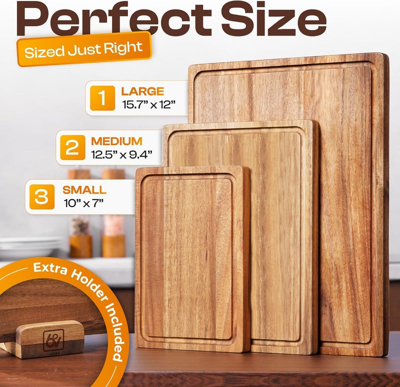 AN68 Premium Acacia Wood Cutting Board Set of 3 – Reversible Dual-Sided Boards for Chopping & Serving, 100% Natural Hardwood Butcher Blocks with Juice Groove, Multi-Size - Image 2
