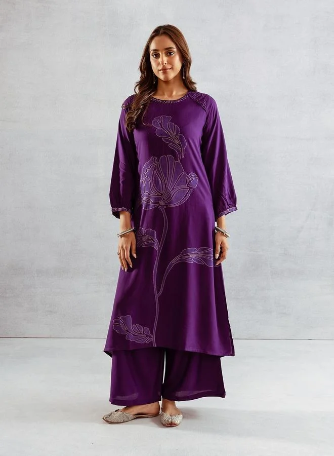 آي شين Women's Purple Rayon Printed Tunic Upper Calf Length Palazzo Bottom Straight Fit 2 Peice Kurta Set