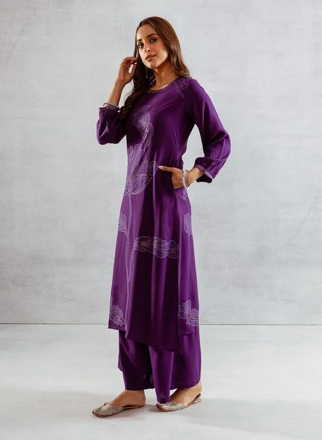 آي شين Women's Purple Rayon Printed Tunic Upper Calf Length Palazzo Bottom Straight Fit 2 Peice Kurta Set