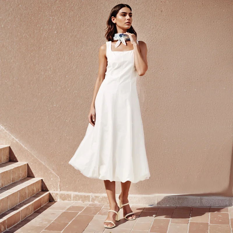 Iconic Square Neck Sleeveless Dress with Printed Scarf