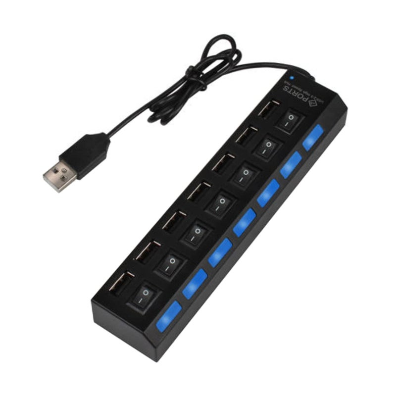 7 Port USB Hub With On Off Switch High Speed Multi Charger For Laptop PC Black - Image 3