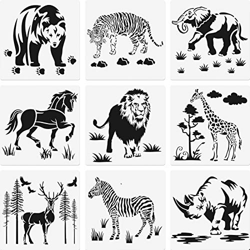 Zonon 9 Pieces Animal Stencil Templates 8 Inch Reusable Animal Painting Stencil Bear Tiger Elephant Horse Lion Giraffe Zebra Rhino Deer Craft Drawing Template For Greeting Card Scrapbook Wall Art - Image 1