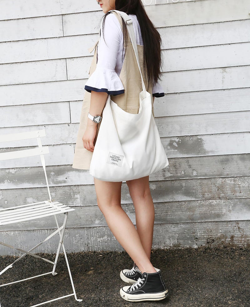 Covelin Women's Retro Large Size Canvas Shoulder Bag Hobo Crossbody Handbag Casual Tote White - Image 4