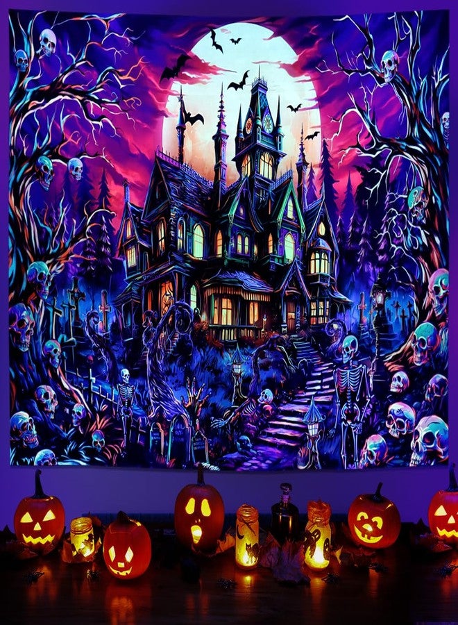 Generleo Blacklight Halloween Horror Tapestry UV Reactive Skull Tapestries Halloween Wall Art Decor Trippy Gothic Castle and Moon Tapestry Wall Hanging for Bedroom - Image 4