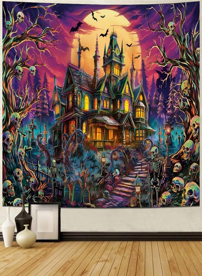 Generleo Blacklight Halloween Horror Tapestry UV Reactive Skull Tapestries Halloween Wall Art Decor Trippy Gothic Castle and Moon Tapestry Wall Hanging for Bedroom - Image 2