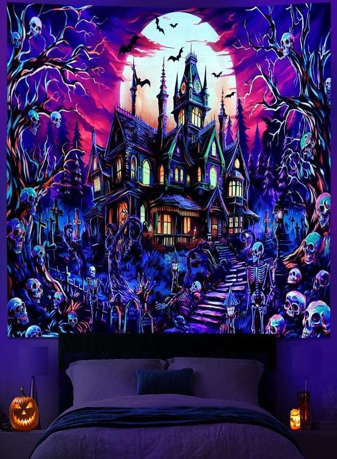 Generleo Blacklight Halloween Horror Tapestry UV Reactive Skull Tapestries Halloween Wall Art Decor Trippy Gothic Castle and Moon Tapestry Wall Hanging for Bedroom - Image 1