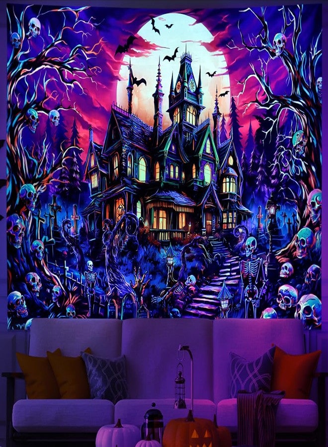 Generleo Blacklight Halloween Horror Tapestry UV Reactive Skull Tapestries Halloween Wall Art Decor Trippy Gothic Castle and Moon Tapestry Wall Hanging for Bedroom - Image 5