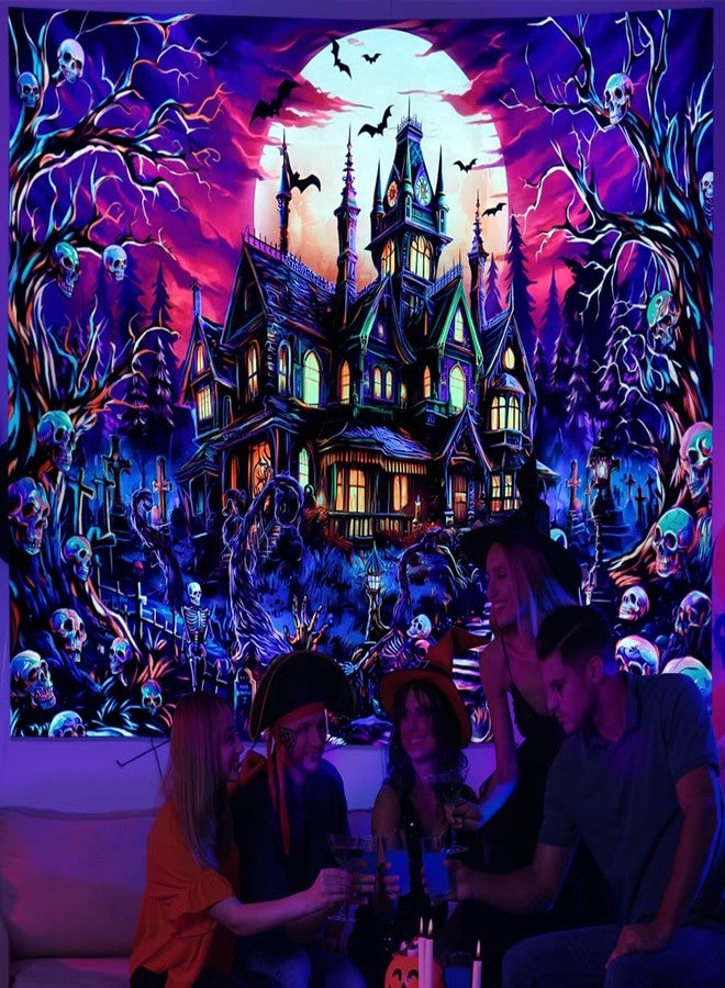Generleo Blacklight Halloween Horror Tapestry UV Reactive Skull Tapestries Halloween Wall Art Decor Trippy Gothic Castle and Moon Tapestry Wall Hanging for Bedroom - Image 3