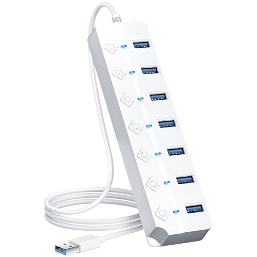 ONFINIO USB Hub 3.0, 7-Port USB Hub Splitter with Individual On/Off Switches and Lights, 3.2ft/1m Long Cable Compatible with MacBook, Laptop, Surface Pro, PS4, PC, Flash Drive, Mobile HDD-White - Image 1
