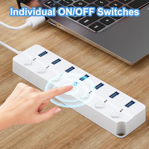 ONFINIO USB Hub 3.0, 7-Port USB Hub Splitter with Individual On/Off Switches and Lights, 3.2ft/1m Long Cable Compatible with MacBook, Laptop, Surface Pro, PS4, PC, Flash Drive, Mobile HDD-White - Image 4