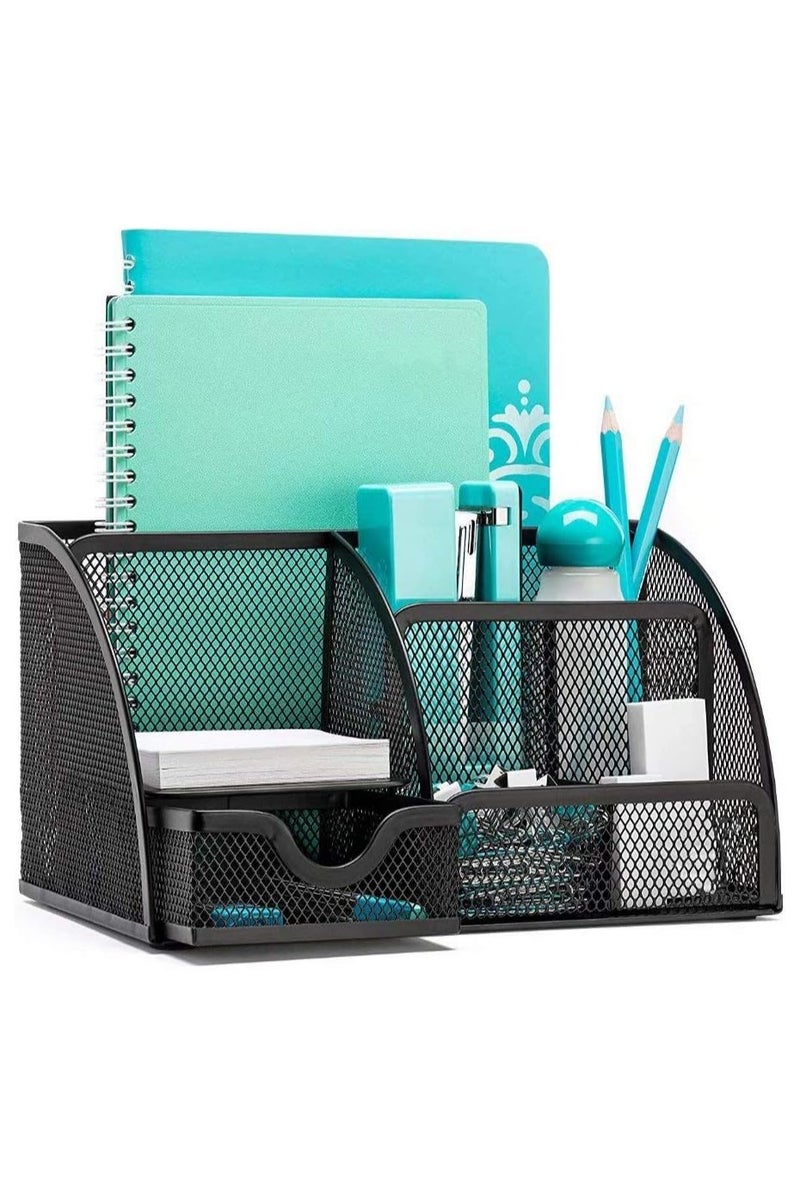 حامل اقلام شبكي معدني متعدد الاغراض مكون من 6 اقسام لتنظيم الادوات المكتبية مع درج قابل للسحب - اسود - Image 1