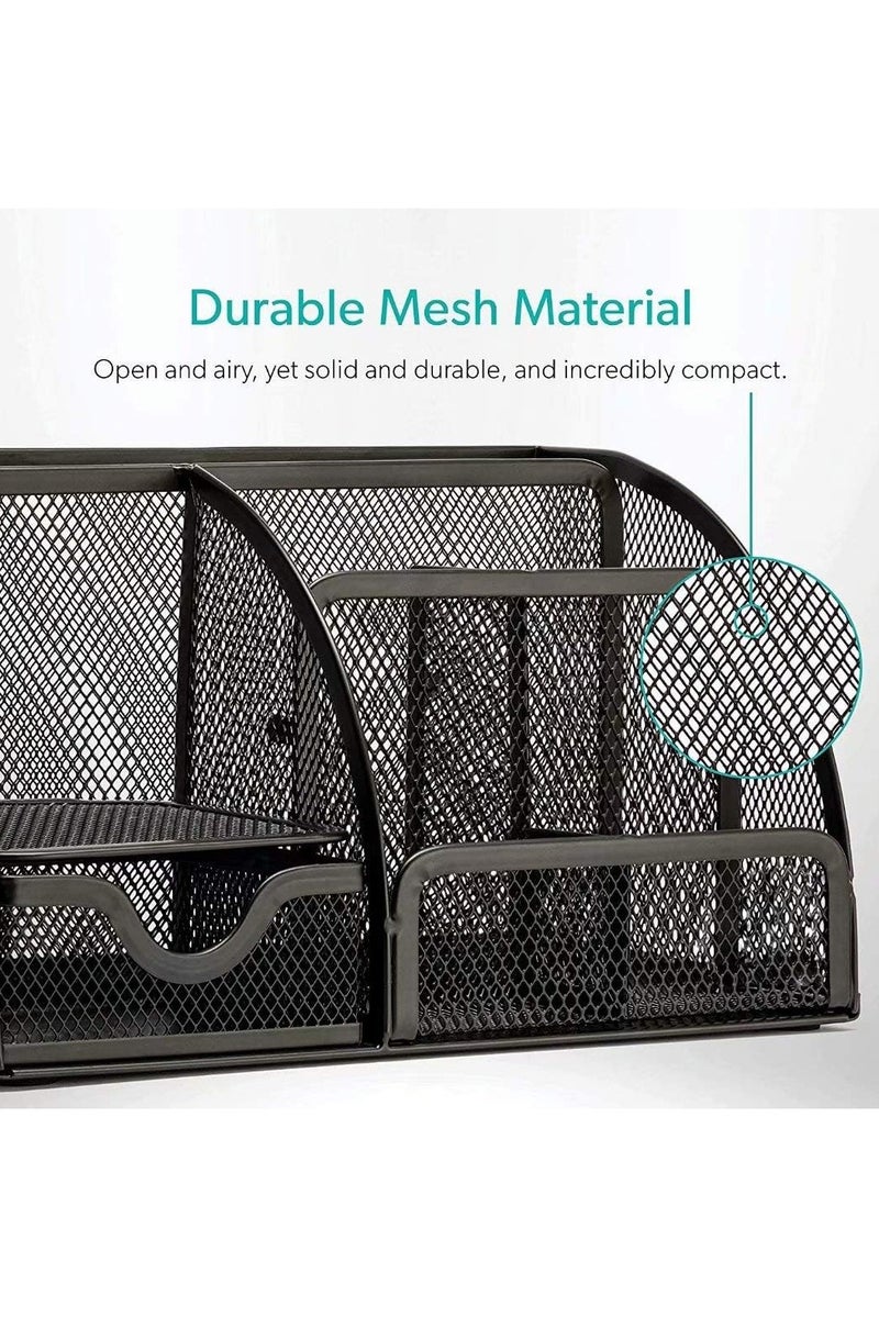 حامل اقلام شبكي معدني متعدد الاغراض مكون من 6 اقسام لتنظيم الادوات المكتبية مع درج قابل للسحب - اسود - Image 3