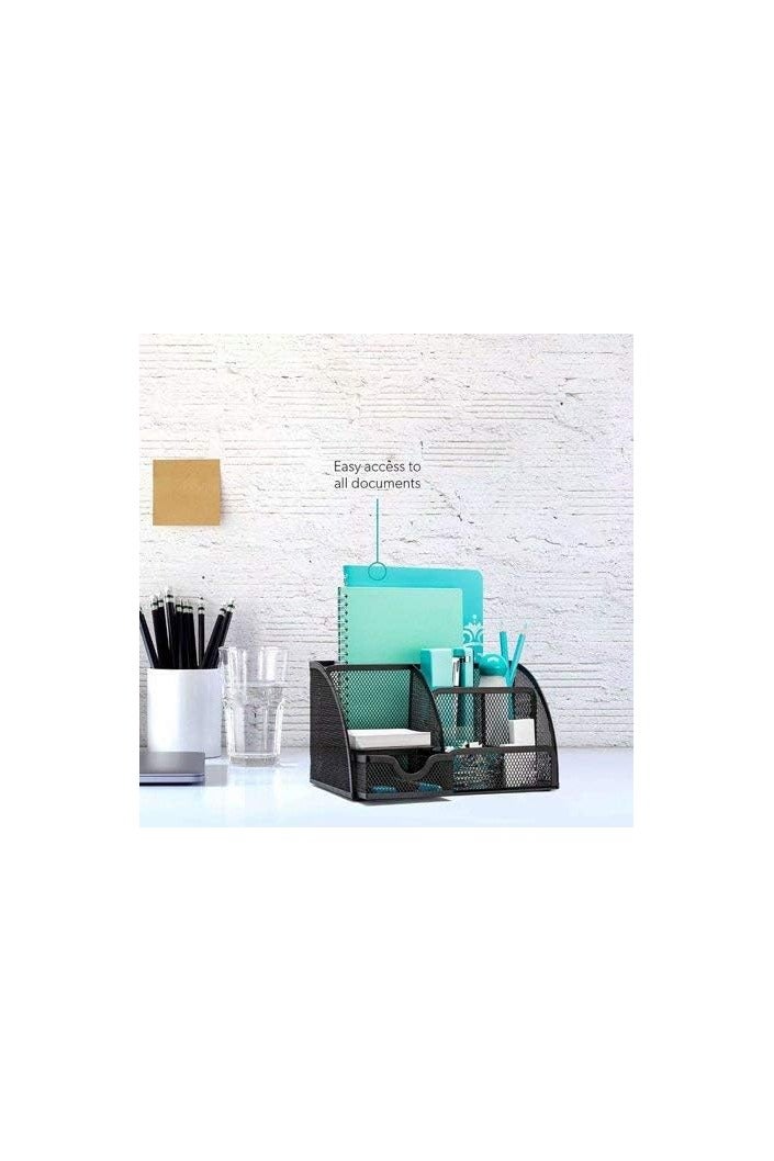 حامل اقلام شبكي معدني متعدد الاغراض مكون من 6 اقسام لتنظيم الادوات المكتبية مع درج قابل للسحب - اسود - Image 2