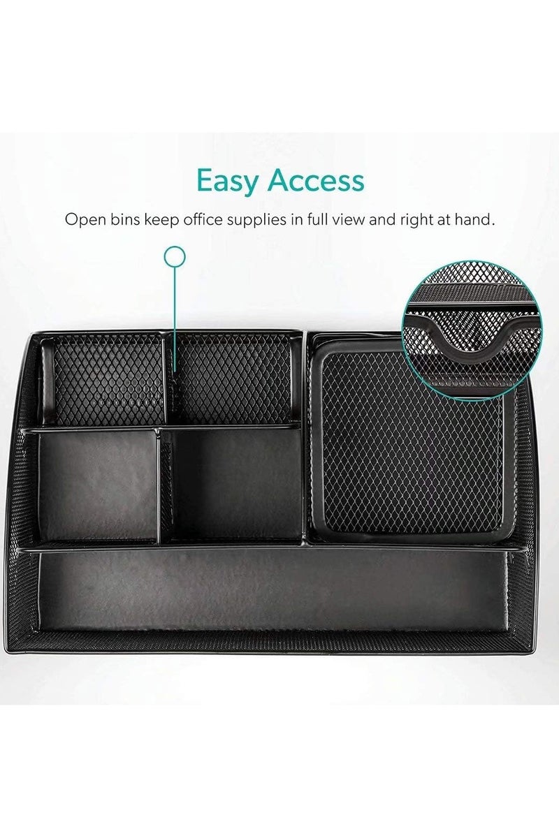 حامل اقلام شبكي معدني متعدد الاغراض مكون من 6 اقسام لتنظيم الادوات المكتبية مع درج قابل للسحب - اسود - Image 5